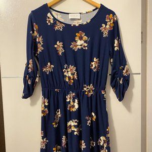 French Grey Navy Blue Flower Print Dress